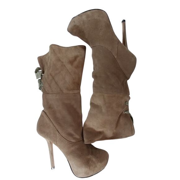 STEVE MADDEN! FAWN BEIGE GENUINE SUEDE LEATHER PLATFORM STILETTO BOOTS! SZ 10M - Picture 6 of 10